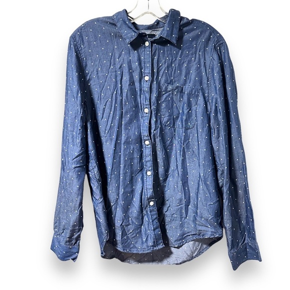 American Eagle Blue Lyocell Star Print Button Up Shirt Women’s Size Large Top - Picture 1 of 10